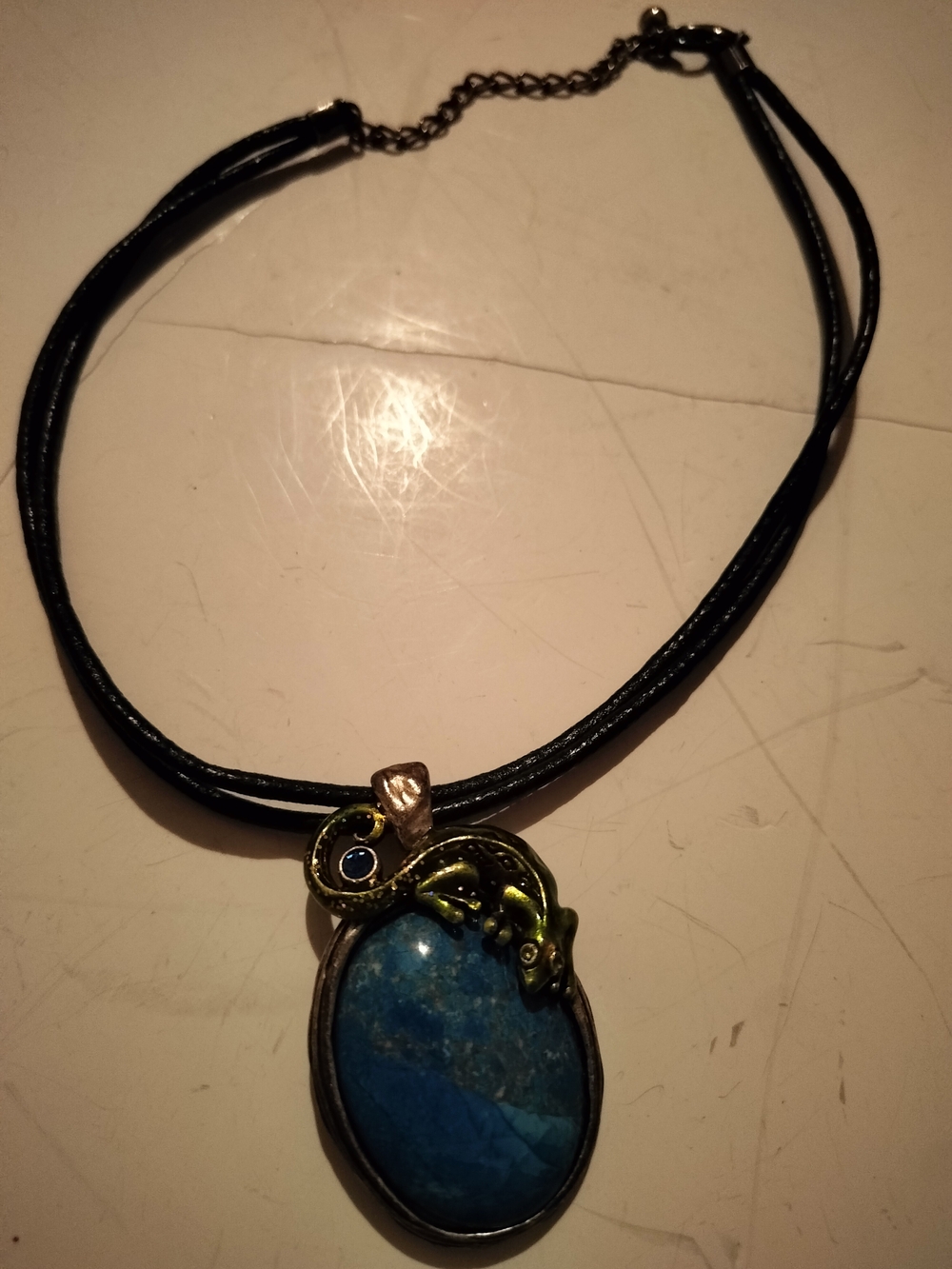 Blue Stone Oval Pendant Necklace with Black Cord